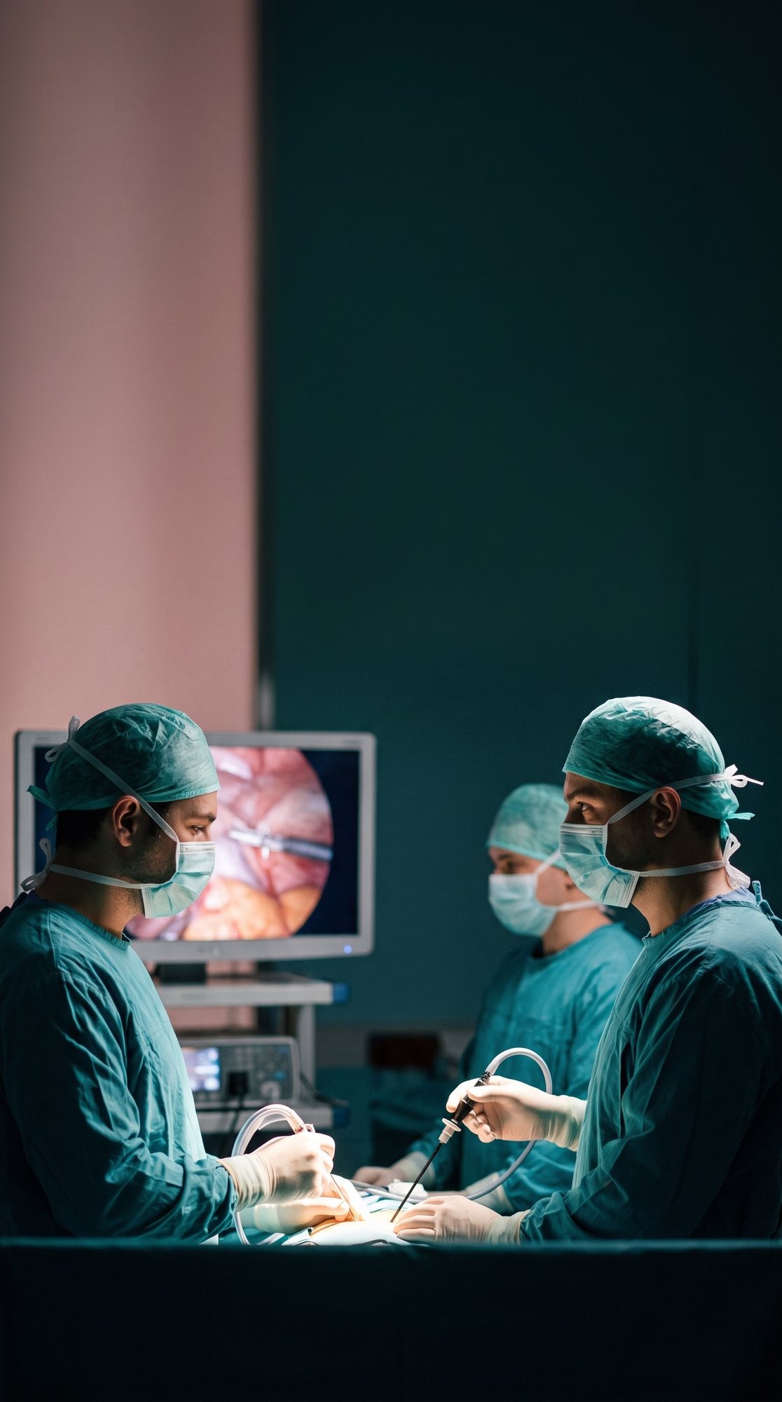 Cirujanos durante una laparoscopia, guiados por la cámara en el monitor